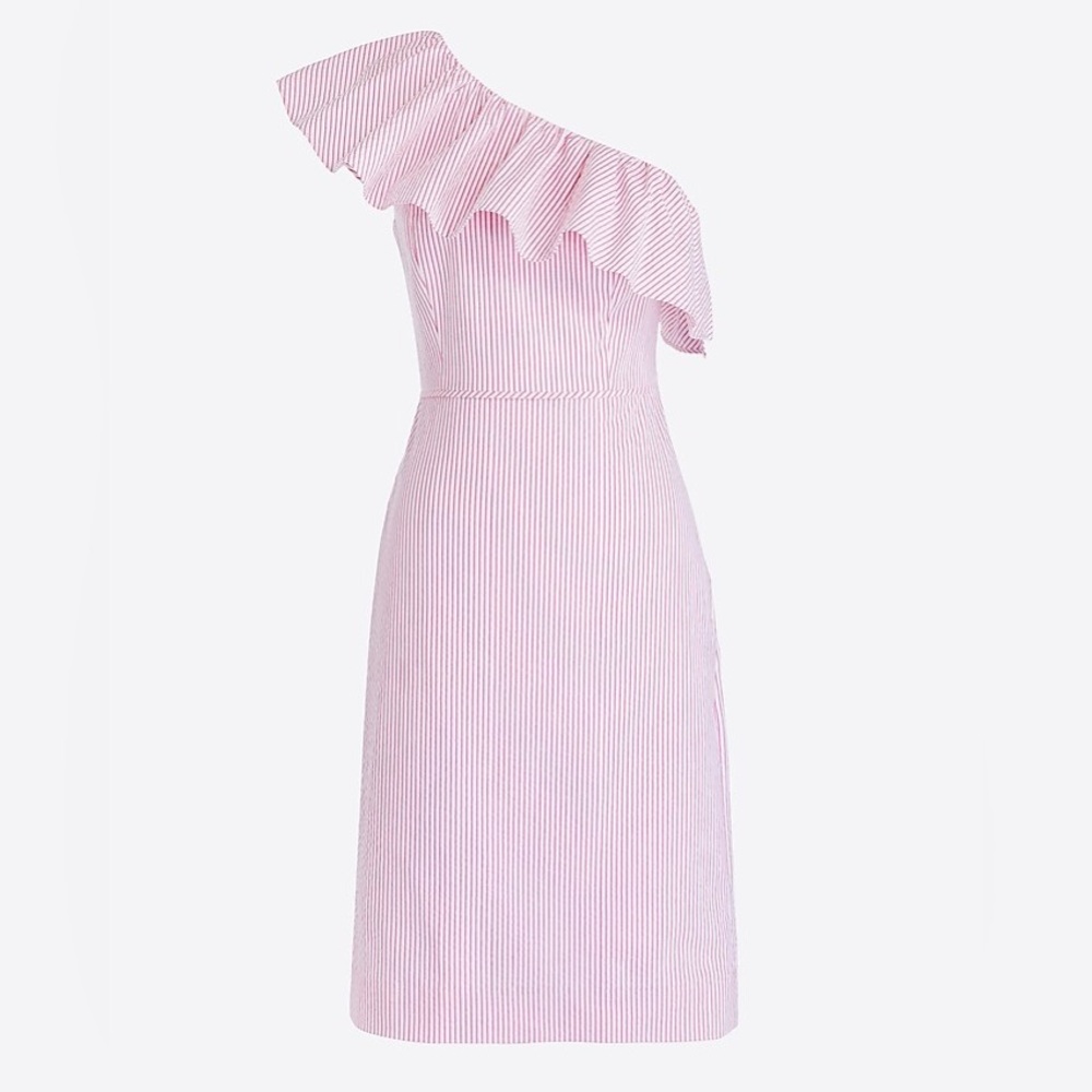 One-Shoulder Ruffle Dress in Seersucker (Size 14, Like New)